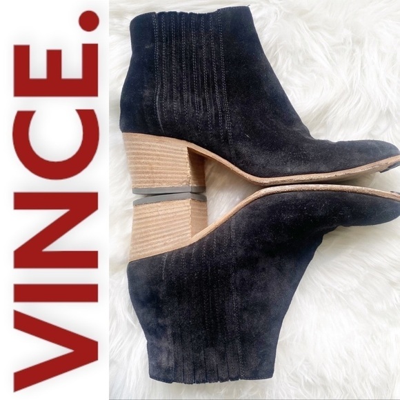VINCE Haider Suede Chelsea Pull On Stacked Heel Ankle Bootie Black, Size 6 - Picture 4 of 14